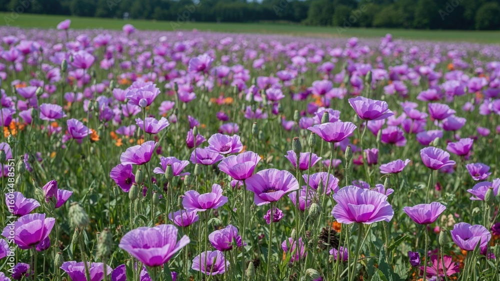 Naklejka premium Brightly colored poppy blossoms in a lush field