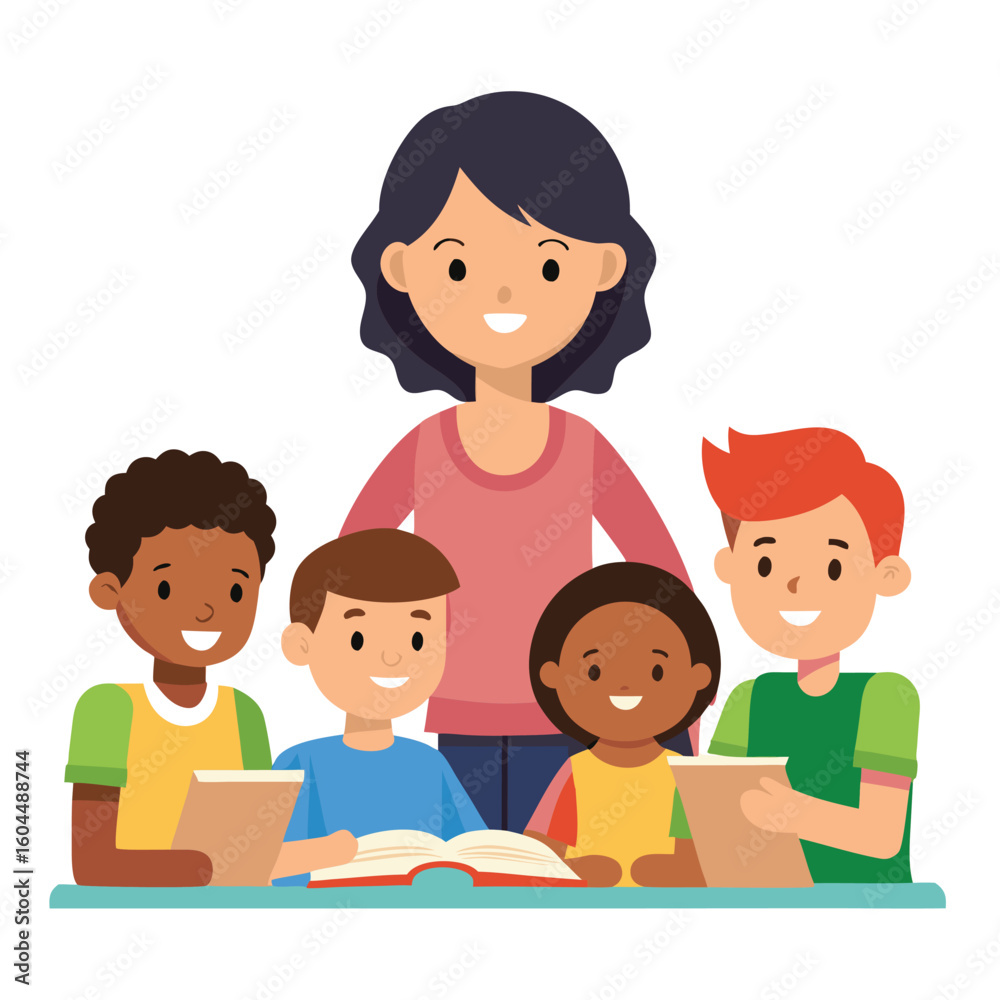 Teacher reading a book to a group of happy children Teacher reading a book to a group of happy children