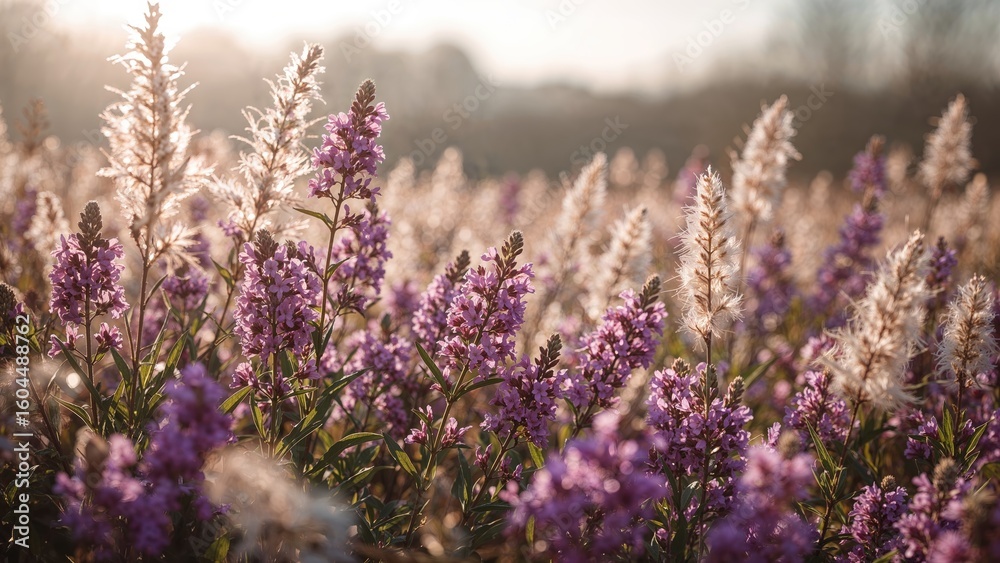 Obraz premium Background with purple blooms captured during a lovely morning, flower, warm season, natural, classic, spring, panorama, brightness, theme, greenery