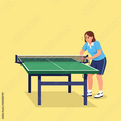 Woman Setting Up Table Tennis Net for Friendly Match Preparation