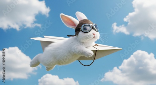 空飛ぶ白ウサギ 陽光輝く青空 冒険飛行. AI Generated
