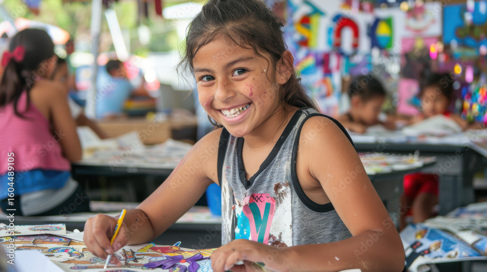 Fototapeta premium A young girl with paint on her face smiles while painting at a table with other children present