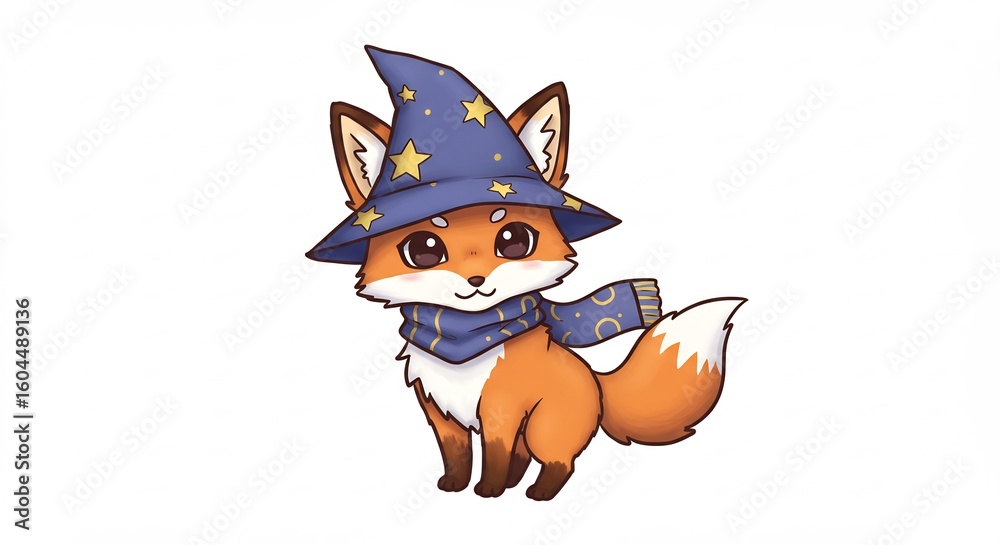 Obraz premium 魔法使いキツネ 優しい瞳 星屑帽子 可愛く微笑む. AI Generated