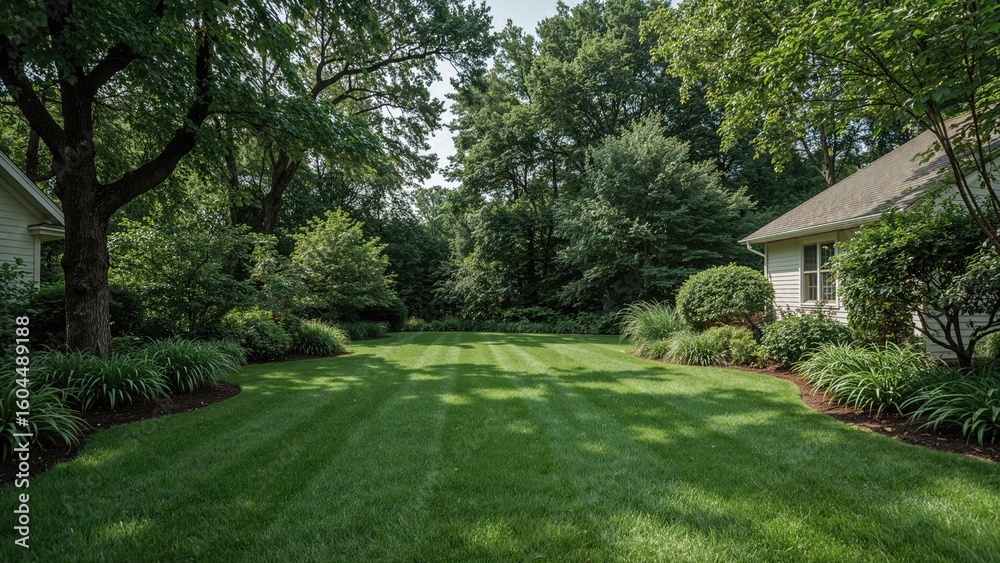 Obraz premium The lawn situated amid houses bordered by trees