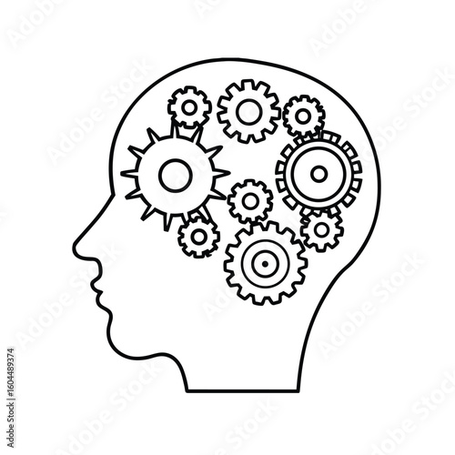 Gears of thought inside a human head outline