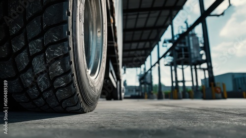 The tire of a truck parked at a logistics facility against an industrial backdrop.
