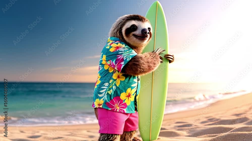 A group of funny animals enjoying the seaside: sunbathing, posing, and playing near the water. A humorous, lighthearted beach scene with tropical vibes and animal personality.2