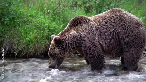 Brown bear wades through a shallow, flowing river, lush green vegetation lining the bank