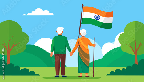 Elderly couple holding hands, waving Indian flag in a scenic outdoor setting.