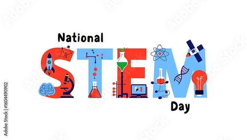 National Stem Day celebration with science and technology icons education innovation