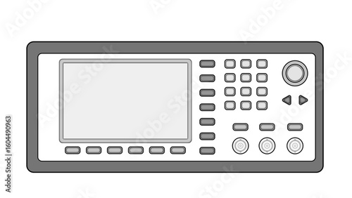 Line drawing showing a function generator with a screen, control buttons, and BNC connections