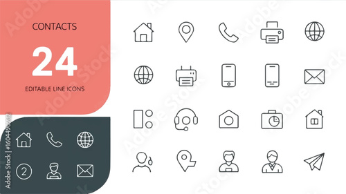 A minimalist contact icon set design with a coral pink and white color scheme. The image is divided into two sections.