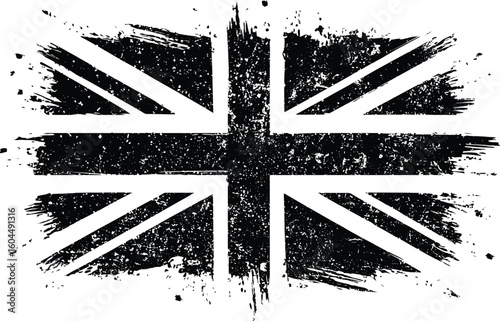 Black and White Grunge Union Jack Flag – Distressed Brush‑Stroke British Flag with Ink Splatter Texture on a Solid White Background