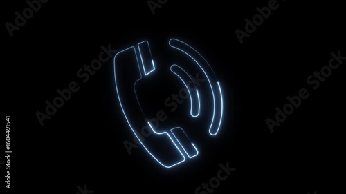 Glowing neon call icon animation on black background, Light blue color calling icon animation.  Good neon line mobile phone icon animation.