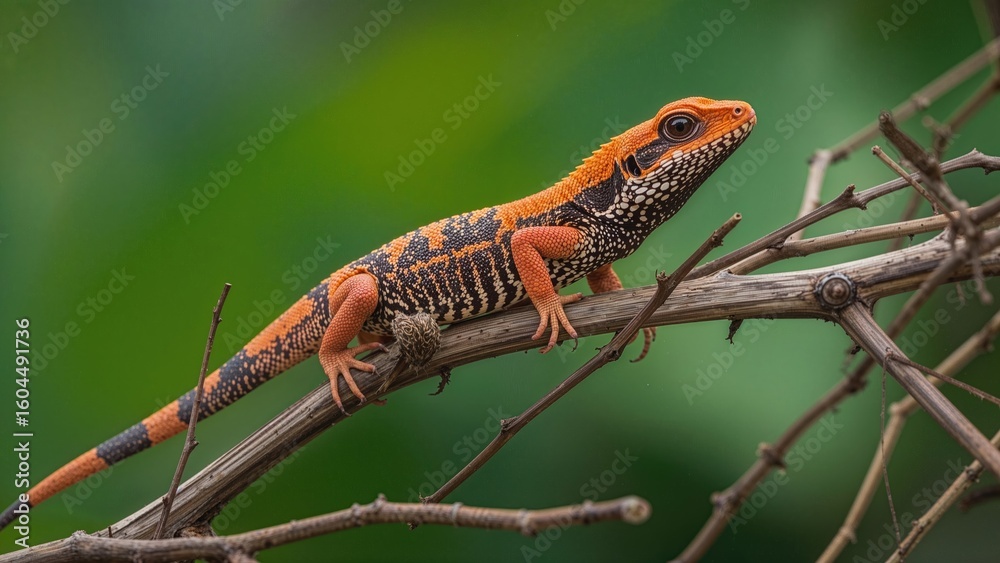 Naklejka premium Perched on dry sticks, a strikingly colored garden lizard shows off its vibrant orange and black pattern with a muted green background behind.