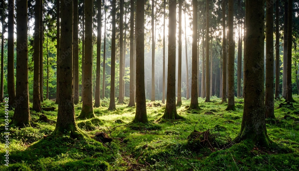 Obraz premium Sunlight filtering through a dense forest