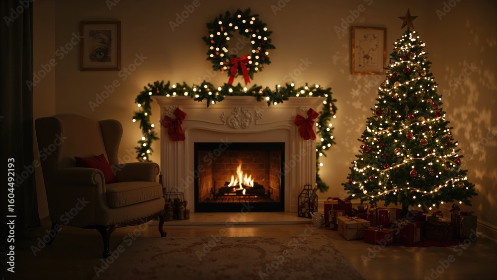 Fototapeta premium Holiday-themed room decorated with a Christmas tree, armchair, and lit fireplace, showcasing a cozy and inviting home setting. Empty scene with soft focus for festive backdrop.