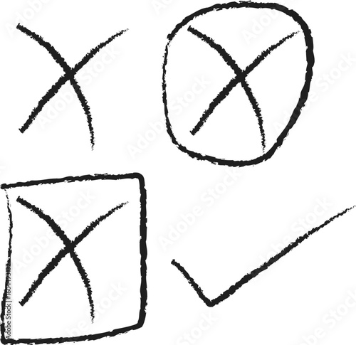 Hand drawn marks including checkmarks and crosses in various shapes