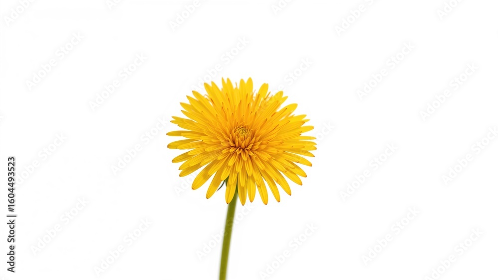 Naklejka premium Single yellow dandelion flower displayed on a white surface