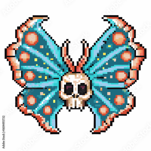 Pixel art butterfly with blue and orange wings, skull head, fantasy insect monster, retro video game design