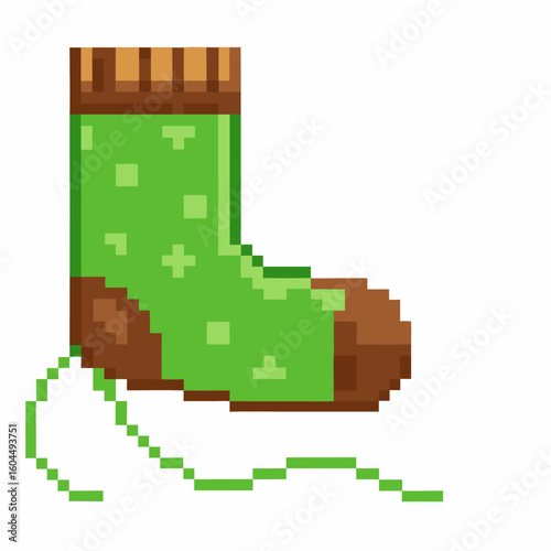 Pixel art green knitted sock with brown heel and toe, yarn thread attached cozy handmade winter clothing concept