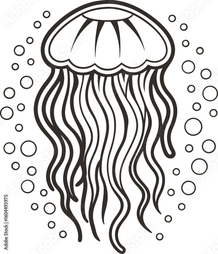 Jellyfish outline with floating bubbles underwater marine illustration, ocean life, aquatic animal, simple black and white drawing