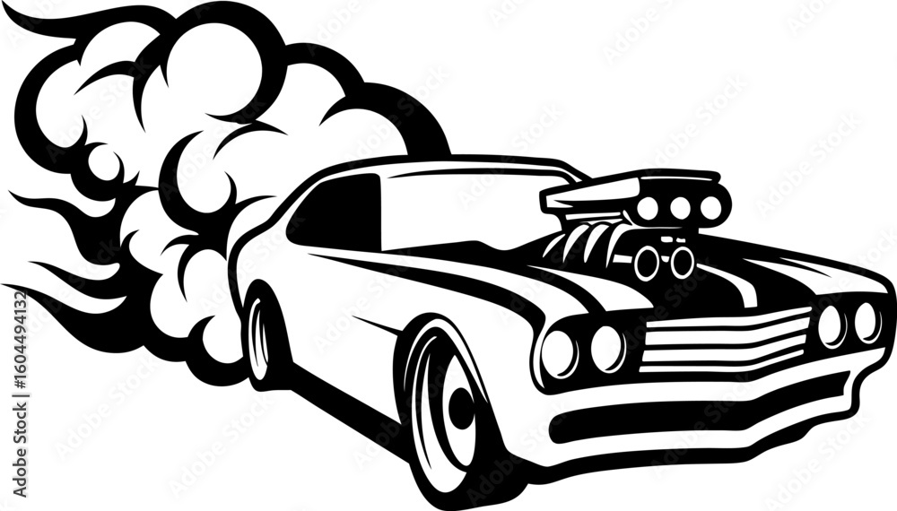 Muscle car burnout in motion classic american vehicle with smoke, powerful engine, street racing speed, retro automotive illustration