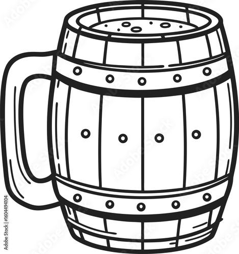 Wooden beer mug illustration, vintage barrel shaped cup with handle hand drawn sketch classic drinking vessel image