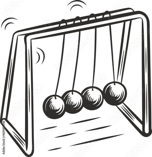 Newton's cradle illustration showing swinging motion and energy transfer between suspended metal balls in simple physics