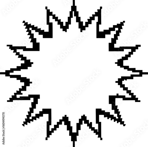 Pixelated black sunburst shape with jagged rays and empty center digital outline, abstract geometric graphic element on white