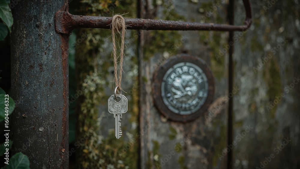 Fototapeta premium A clearly displayed lost key is attached to a fence by an assumed finder to aid the owner Macro-shot