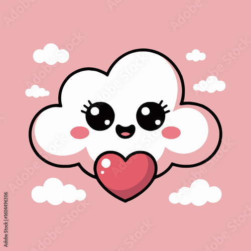 Cartoon cloud with big eyes holding a heart on a pink background with small white clouds around it