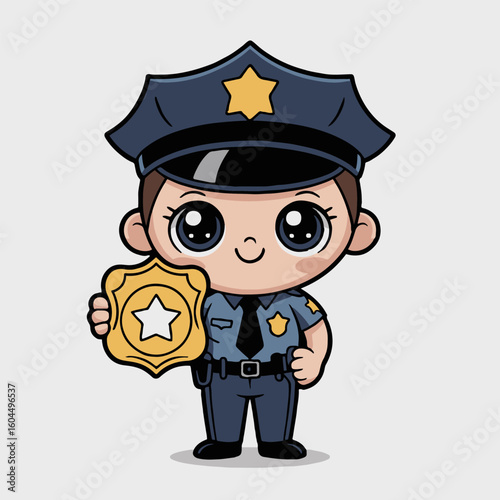 Cartoon police officer holding badge with star on white background in full uniform and hat with star