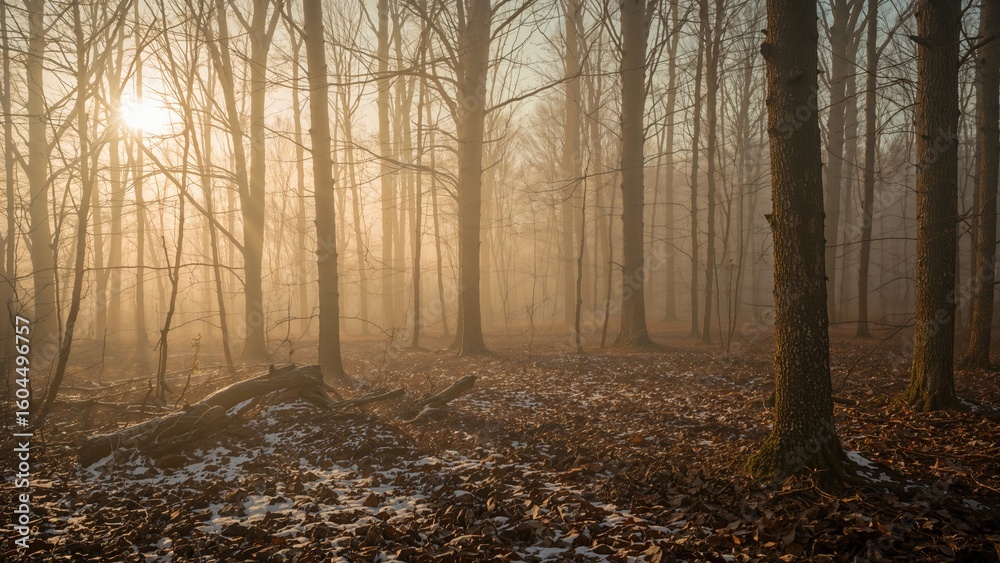 Fototapeta premium Beautiful misty fall woodland with thawing snow and sunlight piercing the early fog.
