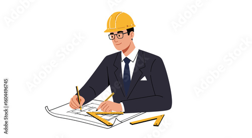 Architect Drawing Blueprints Wearing Hard Hat and Glasses.