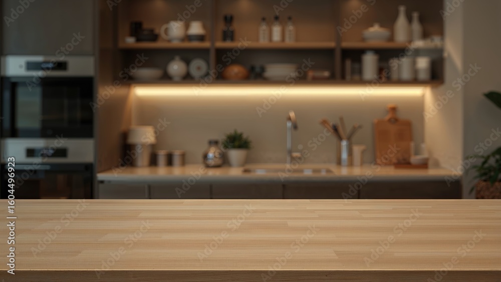 Fototapeta premium Elegant Wooden Surface in Trendy Kitchen Interior Highlighted by Blurred Appliances and Warm Glow