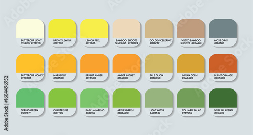 Tropical Forest Inspired Color Palette Chart with HEX Codes. A Blend of Fresh Greens, Warm Yellows, and Earthy Neutrals for Natural Design Projects. Fashion Trend Yellow Green Orange Color palette.