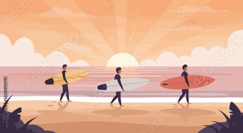 Three Surfers Walking on Beach at Sunset.