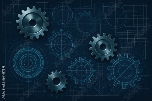 Gears and blueprints representing mechanical engineering and innovation