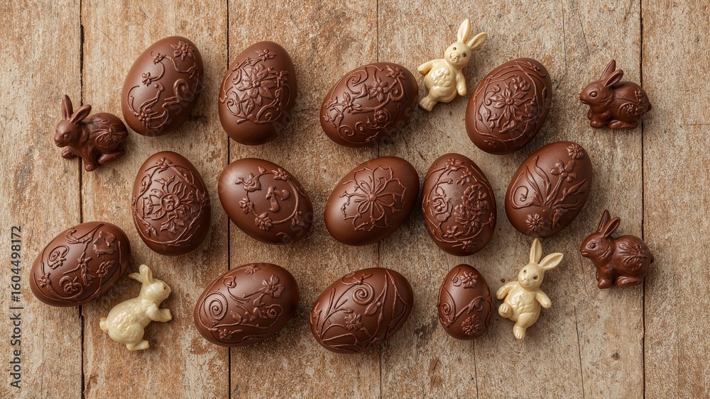 Fototapeta premium Colored wooden backdrop featuring chocolate eggs and a rabbit for Easter