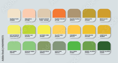 Tropical Forest Inspired Color Palette Chart with HEX Codes. A Blend of Fresh Greens, Warm Yellows, and Earthy Neutrals for Natural Design Projects. Fashion Trend Yellow Green Orange Color palette.