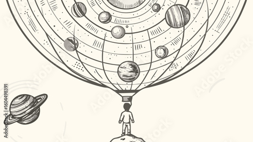 A man standing on a rock looking up at a celestial sphere filled with planets and orbital lines above him silhouette