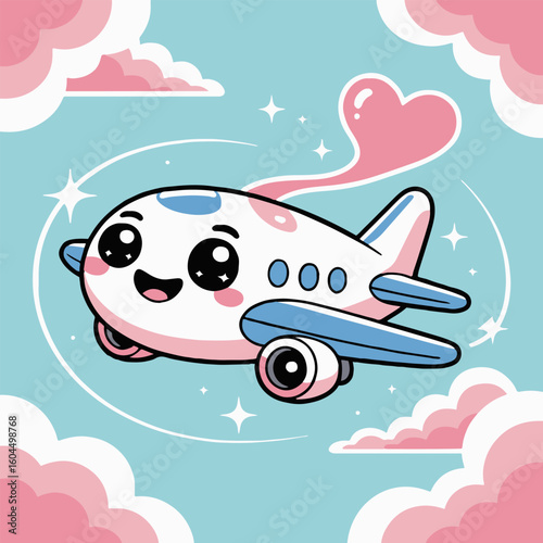 A cartoon airplane with a happy face flying through pink clouds and twinkling stars in a blue sky