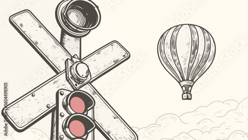 Illustration featuring a railroad crossing signal and a hot air balloon in a cloudy sky view silhouette
