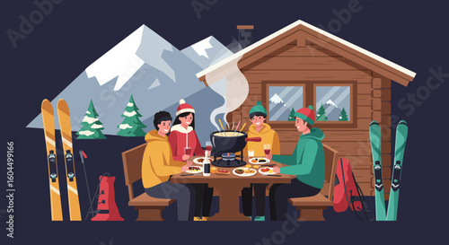 Friends Enjoying Fondue Dinner in Cozy Winter Cabin.