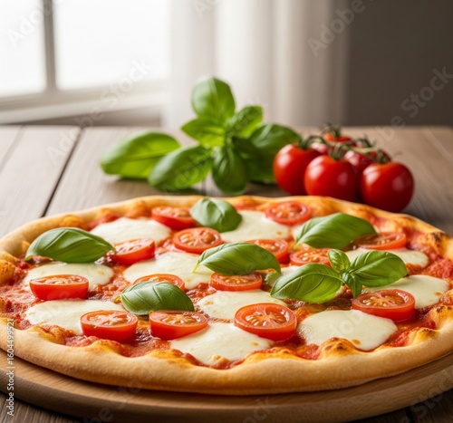 pizza served with tomato slices and green leaves