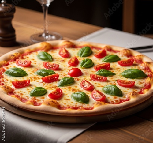 pizza served with tomato slices and green leaves