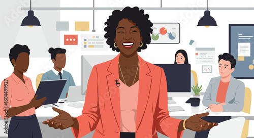 Smiling Black Woman in Office Gesturing with Hands.