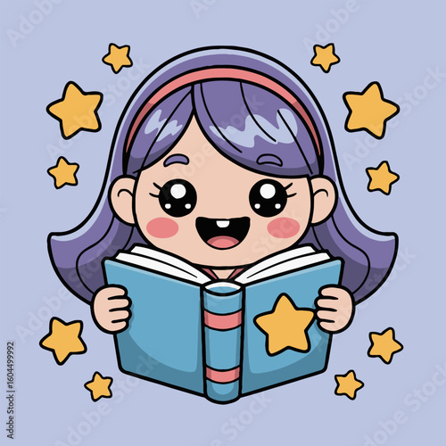 Cartoon girl with purple hair reading a blue book surrounded by yellow stars on gradient background