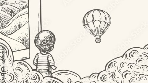 Illustration of a child looking at a hot air balloon from a window with a landscape view outside silhouette
